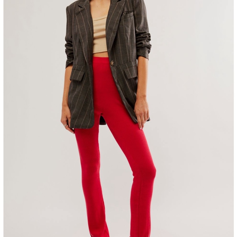Free People Red Ribbed High-Rise Skinny Pants